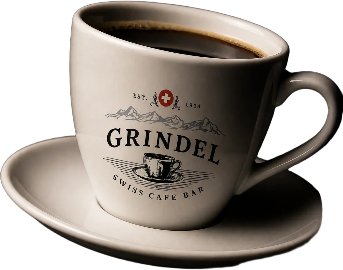 A Grindel porcelain cup, tipped among drifting coffee beans